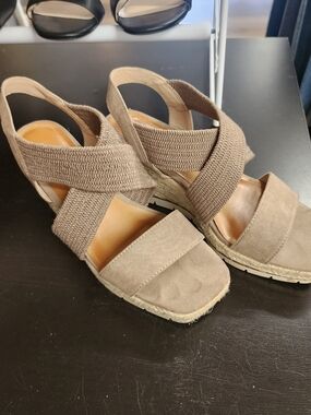 Kelly & Katie Taupe Espadrille Wedge Sandals with Elastic Cross Straps